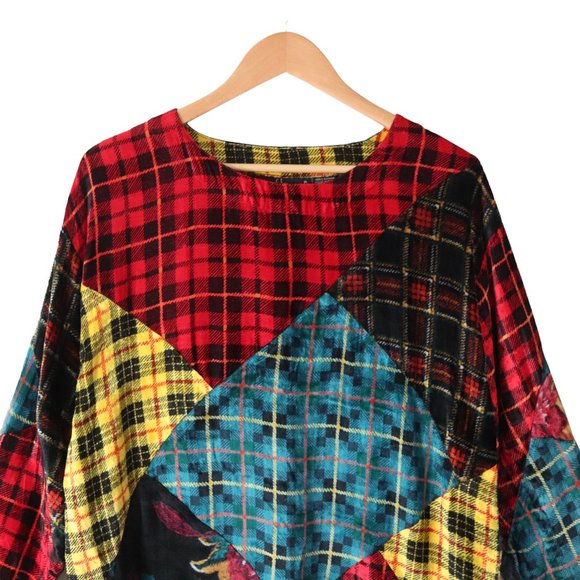 vintage 90s plaid velvet patchwork tunic top M holiday blouse shirt boho vtg - Picture 4 of 6